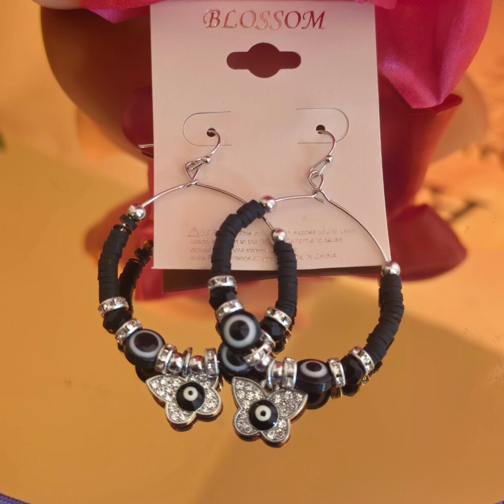 Blossom Black Evil Eye Hoop Earrings | Beaded Flower Charm | Gold Tone | Boho |
